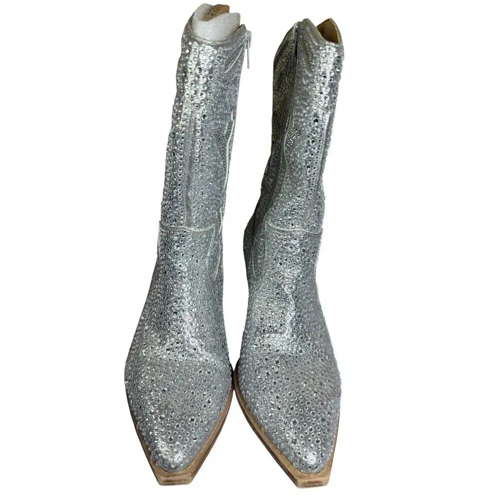 Crown Vintage Starry Silver Rhinestone Western Boots 8M Studded Cowboy Boots - Picture 5 of 8